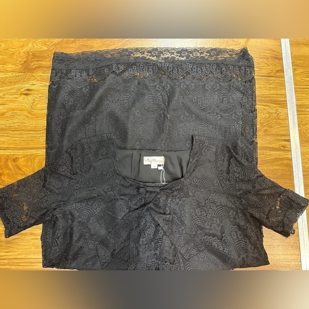NWT Sweet Mommy Maternity Dress Short Sleeve Black Lace Lined Knee Length Size M - Picture 5 of 12